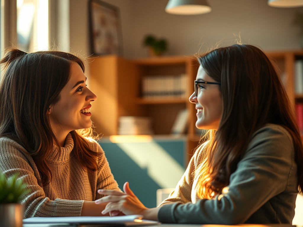Zwei Frauen lächeln sich gegenüber, während sie an einem Tisch sitzen, mit warmem Licht und einer freundlichen Atmosphäre im Hintergrund.